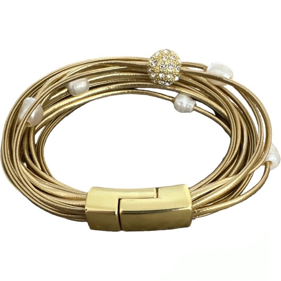 Multiple Gold Leather Pearl/Diamond Bead/Beaded Magnetic Clasp Bracelet - Picture 4 of 7